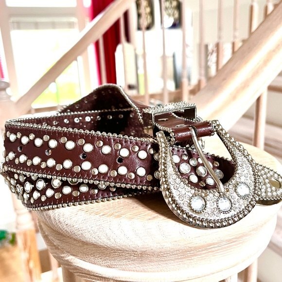 Studded and Jeweled  Brown Leather Belt M/L main image 4